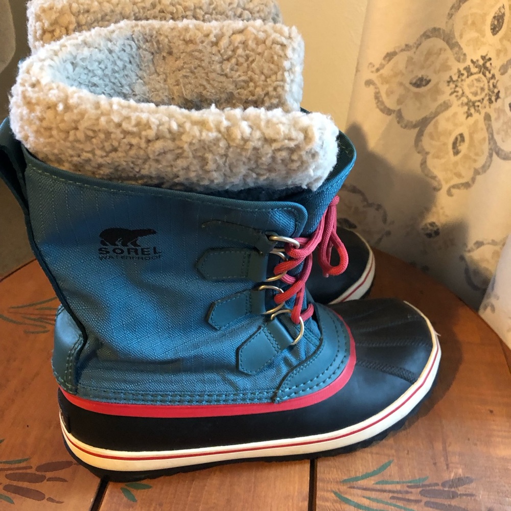 Sorel Womens Winter Carnival Snow Duck Boots Size 8.5 Turquiose Blue Faux Fur